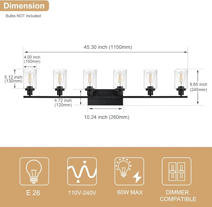 WINSHEN 6-Light Seeded Glass Vanity Light Fixtures in Matte Black Finish, 45.3 Inches Length Modern Bathroom Wall Lighting Over Mirror Wall Mount Lights