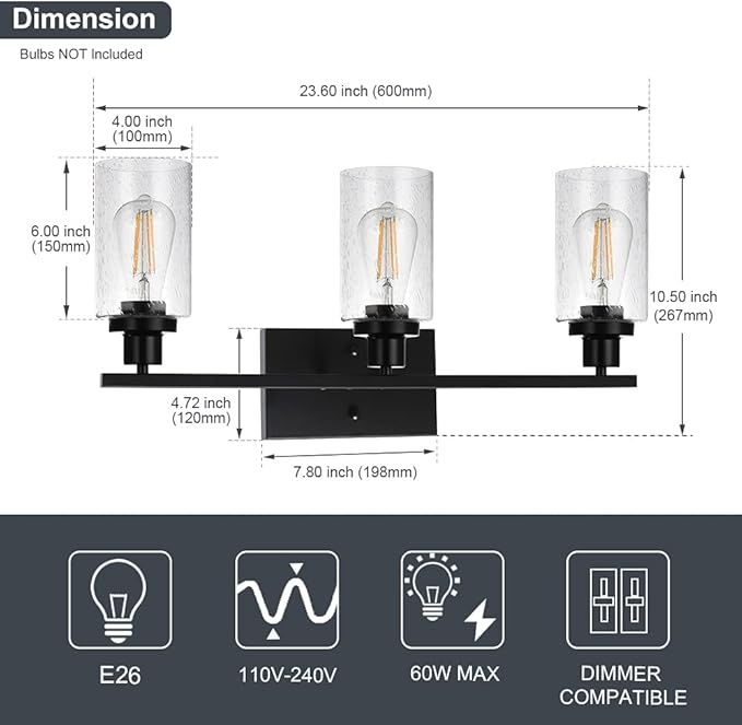 WINSHEN Wall Sconce Lighting 3-Light Matte Black Bathroom Vanity Light Fixtures Farmhouse Wall Lamp with Seeded Glass for Kitchen Living Room Mirror