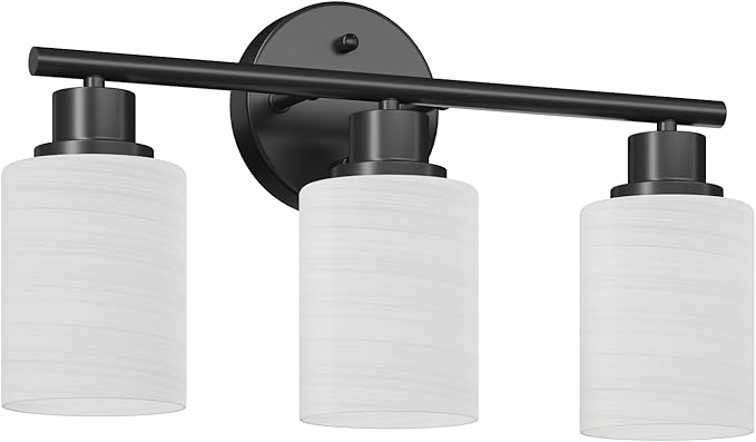 Guliaofo 3-Light Bathroom Light Fixtures, Black Vanity Lights for Mirror with Textured Milky White Glass Shade, E26 Base Modern Kitchen Light Fixtures Wall Sconce Light