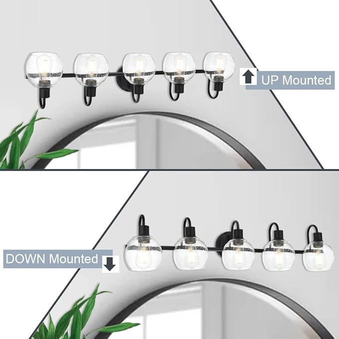 WINSHEN 5-Lights Black Bathroom Vanity Light Fixtures Over Mirror, Modern Vanity Wall Sconce Lighting with Globe Seeded Glass Lampshades for Bedroom Kitchen Hallway