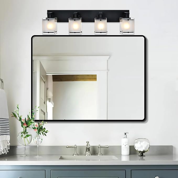 WINSHEN 4-Lights Bathroom Vanity Lighting Over Mirror, Black Bathroom Wall Light Fixtures with Frosted Rectangular Glass Shade for Bath Living Room, E26 Bulb Base