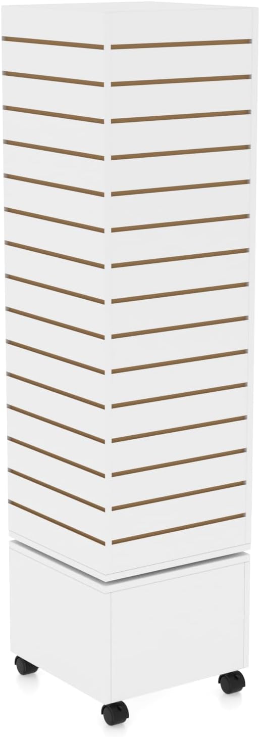16" W * 16" D * 62" H - White Slatwall Tower, Four Panel Slatwall Retail Fixture, Rotating Retail Display Rack