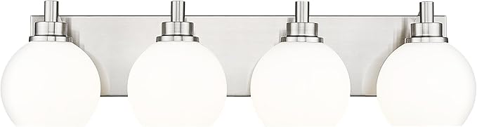 METWET Bathroom Light Fixtures, 4 Light Brushed Nickel Vanity Light, 26 Inch Modern Wall Sconces with Globe Milk White Glass Shade, Vanity Lighting Fixtures Over Mirror, VL195-BN-ML-4