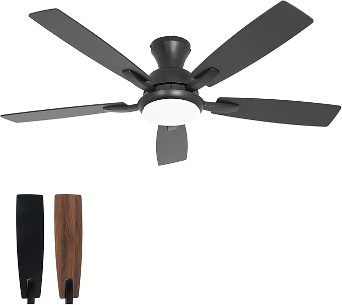 revoici Ceiling Fans with Lights, 52 Inch Black and Brown Wood Ceiling Fan, 6 Speed and Reversible DC Motor, Modern 5 Blade Low Profile Flush Mount Ceiling Fan for Living Room, Outdoor Patio