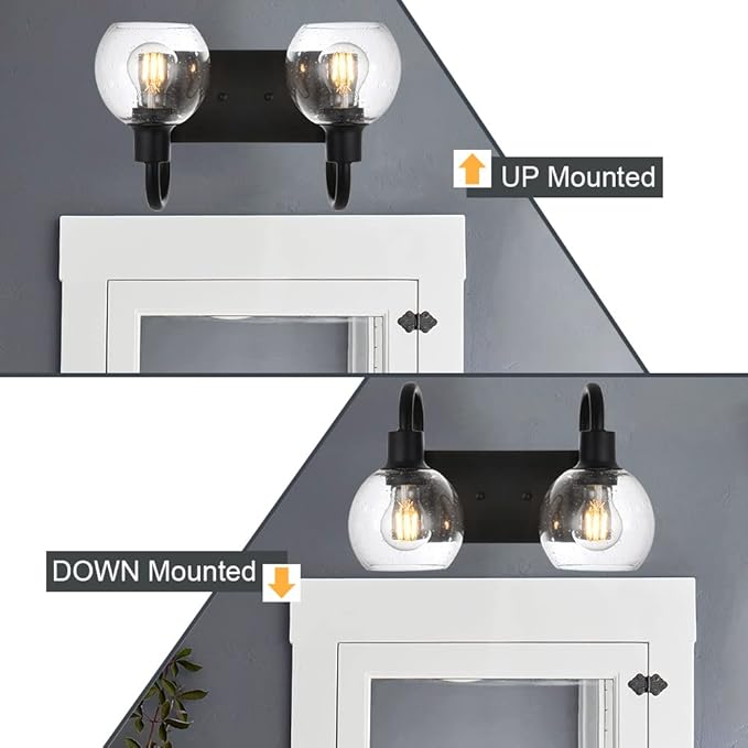 WINSHEN Bathroom Vanity Light with Globe Seeded Glass 2-Lights Industrial Black Wall Sconce Lighting for Foyer Hallway