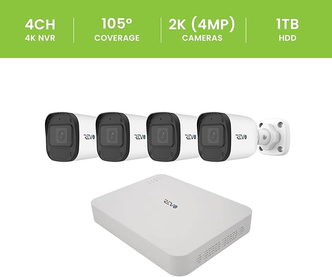 Ultra Blue Series 4CH 4K POE H.265 NVR, 1TB & 4X 2K (4MP) Indoor/Outdoor IR Cameras with Built-in Mic – Remote Access Via Pc, Mac & Phone (No Monthly Fee)