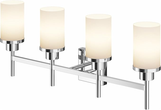 AONEON 4-Light Vanity Lighting Fixtures with White Frosted Glass Shade, Polished Chrome Bathroom Wall Lamps Over Mirror for Bath Restroom Kitchen T001CH-L4
