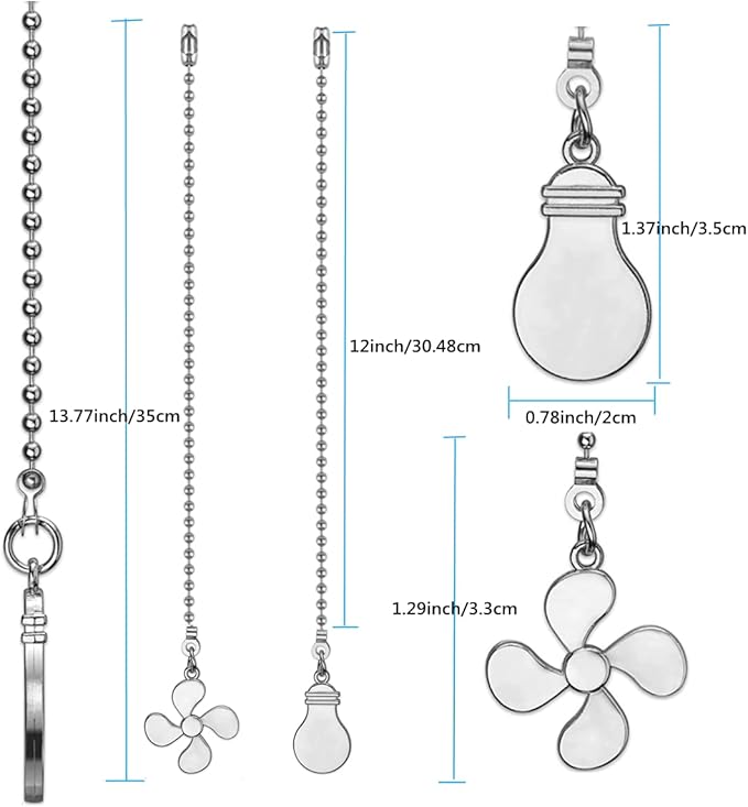 ZE-268S6- Ceiling Fan Pull Chain Set, 12 Inch Nickel, 4 Pieces Fan and Light Design Extension, for Ceiling Fan and Lighting