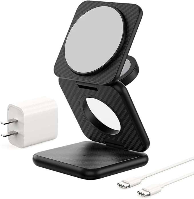 KU XIU X40 Plus Foldable Magnetic Wireless Charger, Portable 3 in 1 Charging Station for iPhone 17/16/15/14/13/12 & iPhone Air, 5W for iWatch S11–4/SE/Ultra 3/2/1 and AirPods 4/3/2/Pro, Carbon Fiber