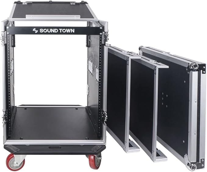 Sound Town Heavy-Duty 1/2" (12mm) Plywood 14U PA DJ Rack/Road ATA Case with 11U Slant Mixer Top, 20’’ Rackable Depth, DJ Work Table and Casters, 14 Space Size, Pro Tour Grade (STMR-14UWT)