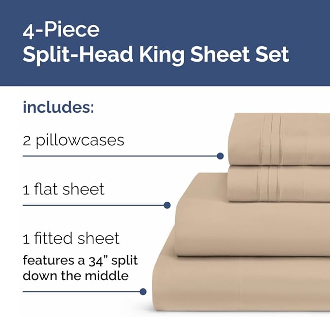 Split Head King Sheet Set – 4 Piece Flex Split Top King Sheets for Adjustable Beds - Fits 14” to 16" Mattress w/ Deep Pockets - Ultra-Soft, Breathable & Cooling - Luxury Bedding & Wrinkle Free - Cream