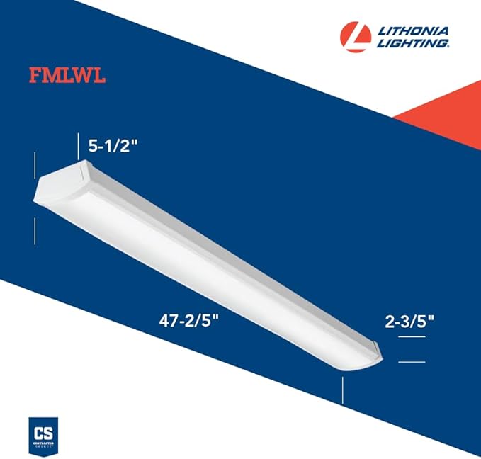 Lithonia Lighting 4 Foot LED Light Fixture, Low-Profile LED Wraparound Flush Mount Ceiling Light, 2700K Soft White, 120V, 48-Inch (FMLWL 48 827)