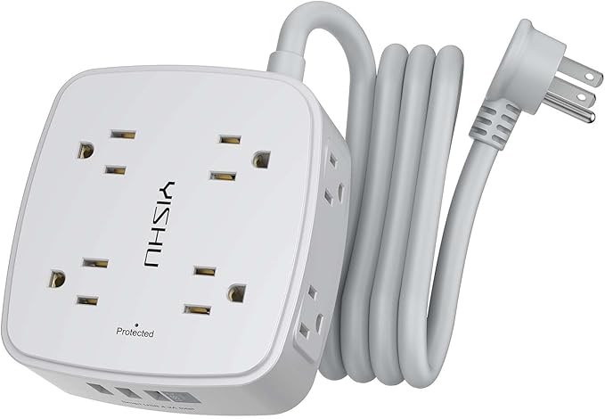6 Ft Surge Protector Power Strip - 8 Widely Outlets with 4 USB Ports, 3 Side Outlet Extender with 6 Feet Extension Cord, Flat Plug, Wall Mount, Desk USB Charging Station, ETL, Grey