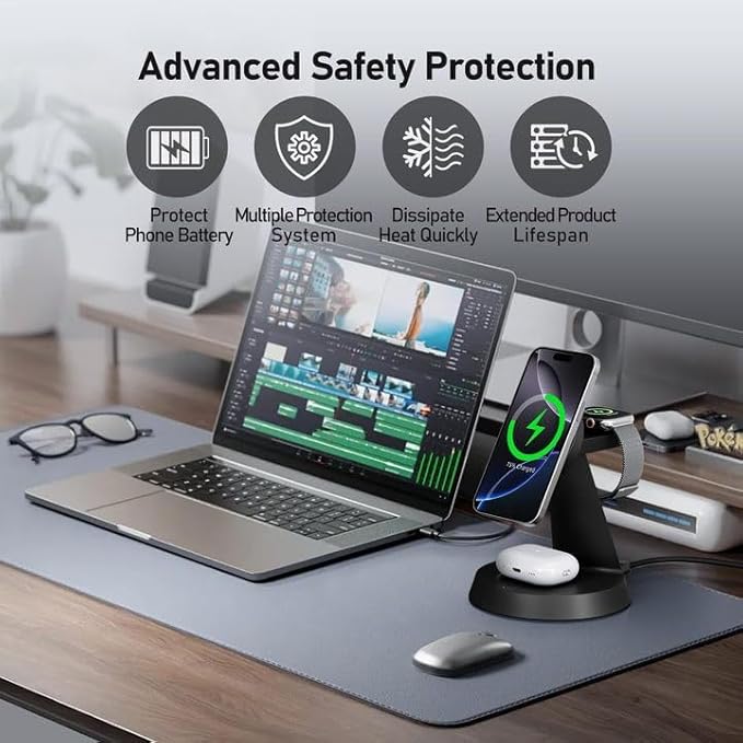 3 in 1 Wireless Charging Station for Apple Mag-Safe 15W Fast Charger Stand for Multiple Apple Devices Magnetic Charger for iPhone 16 Pro Max/16 Pro/16/15/14/13/12, AirPods, iWatch Series(Black)