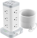 BEVA Power Strip Tower with USB Ports, 16 in 1 Surge Protector Tower, 12 AC and 4USB Ports, 10 FT Extension Cord with Multiple Outlets, Power Tower Charging Station for Office Supplies（White）