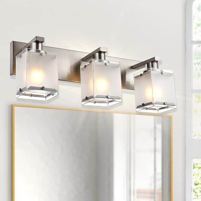 WINSHEN Modern 3-Lights Brushed Nickel Vanity Lights, Bathroom Light Fixture Over Mirror Wall Lighting Sconces with Frosted Glass Shades, E26 Bulb Base