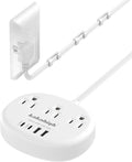 Flat Extension Cord with Outlet Cover & Cable Clips- 10 FT, 1625W Child Proof Extension Cord with 3 AC Outlet 4 USB (24W/4.8A), Flat 90 Degree Power Strip for Behind Furniture Couch Sofa TV, etc