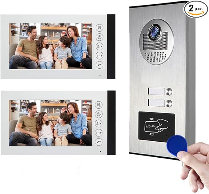 ANJIELO SMART Wired Video Multifamily Apartment Intercom System,2/3/4/6/8/10/12 Units 7 inch Monitor Video Door Phone Kit,Video Doorbell, ID Card Unlock, 2 Way Audio for Home (1 doorbell + 2 Monitor)