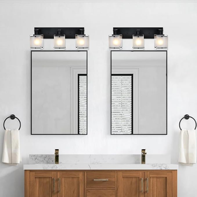 WINSHEN 3-Lights Bathroom Light Fixture Over Mirror, Modern Black Wall Sconce Vanity Lighting Fixtures with Rectangular Frosted Glass Shade for Bathroom Kitchen Bedroom, E26 Bulb Base