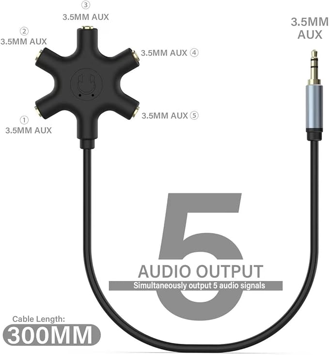 sovunis Multi Headphone Audio Splitter, 5-Way 3.5mm Jack Stereo Headset Adapter to Connect Up to 5 Devices for Mixing, Shared Experiences - for iPhone, iPad & More