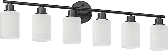 Guliaofo 6-Light Bathroom Light Fixtures, Vanity Lights for Mirror with Textured Milky White Glass Shade, E26 Base Modern Kitchen Light Fixtures Wall Sconce Light - Black