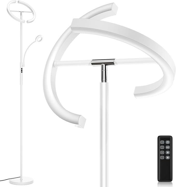 SIBRILLE White LED Floor Lamp - Dimmable 2 Lights Standing Lamp with Remote&Touch Control, 4 Color& 10 Brighness Adjustable Floor Reading Light, Modern Tall Lamp for Living Room Bedroom Office Corner
