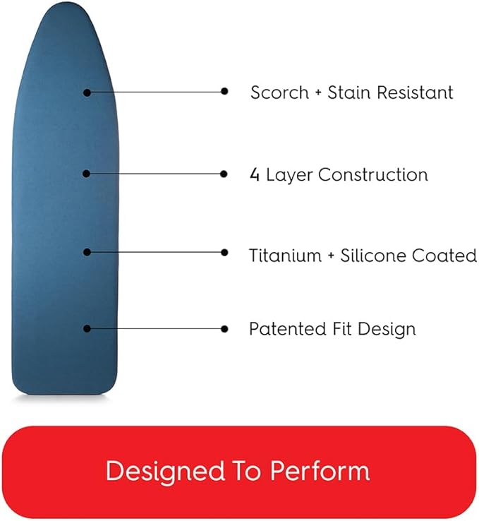 TIVIT Ironing Board Cover 16 x 58, Performance Grade Titanium Coated Pro Grip Pad & Covers - Superior Scorch & Stain Resistance, High Heat Reflection, 3 Padded Layers 3 Fastener Straps - Made In Italy