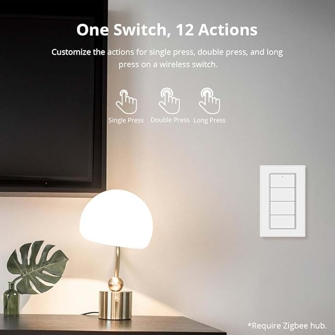 Wireless Zigbee Smart Button, 4-Way Remote Control Button Switch for Smart Home Devices, Scene Controller, Compatible with Tuya, Home Assistant, Homey, Hubitat, Requires Tuya Zigbee Hub