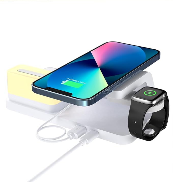 IHAO 6in1Digital Alarm Clock with Wireless Charging Station Night Light 15W Fast Charging for Qi Phone Headphone Bracket for iWatch LED Display Dimmable Brightness-HT309 White