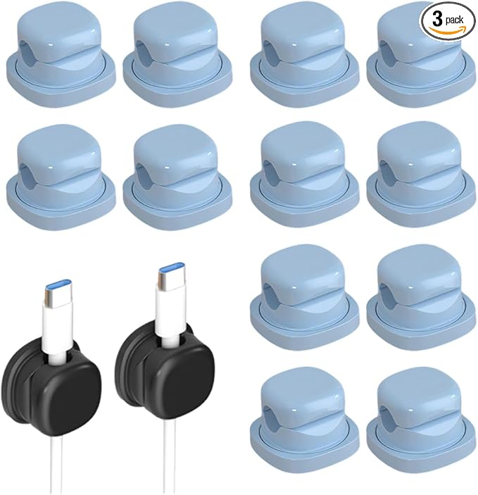 Magnetic Cord Organizer Holder, Upgrade Cord Holder for Nightstand, Adhesive Wire Cable Clips Management Kit for Phone Charger, Computer, Home, Office, Desk, Nightstand (Blue, 12 Packs)