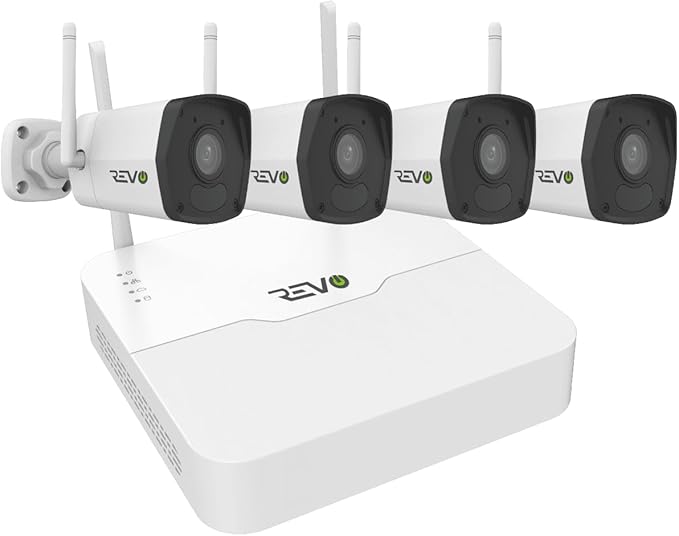 Revo Ultra Wireless 4-Channel Security System NVR with 1TB HDD, 4X 1080p (2MP) Indoor/Outdoor IR Wi-Fi Bullet Cameras, 105° Coverage, Remote Access via Smartphone, PC and MAC (No Monthly Fees)