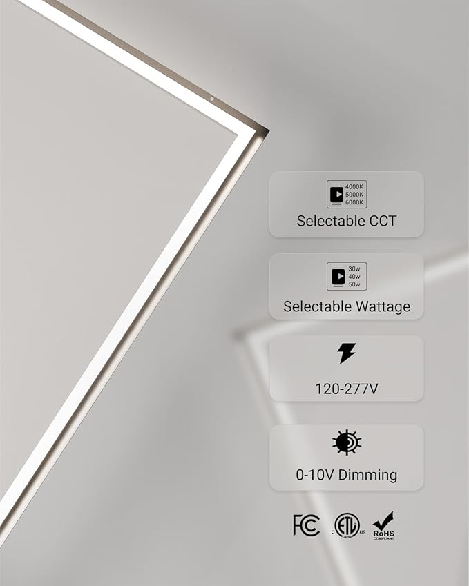 Sunco 12 Pack 2x2 Edge-Lit Frame LED Panel Lights, Drop Ceiling Flat Light Fixture, 5500 LM, Selectable Features, 30W/40W/50W, 4000K/5000K/6000K, Dimmable (0-10V) ETL