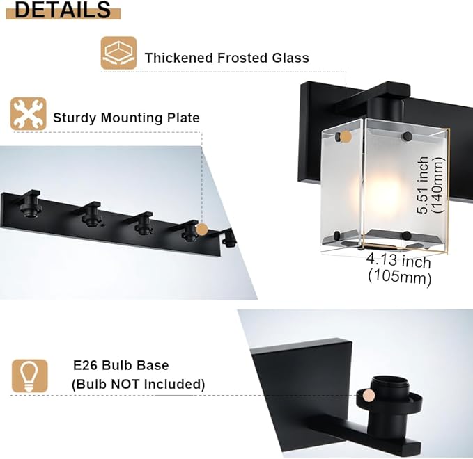WINSHEN 4-Lights Bathroom Vanity Lighting Over Mirror, Black Bathroom Wall Light Fixtures with Frosted Rectangular Glass Shade for Bath Living Room, E26 Bulb Base