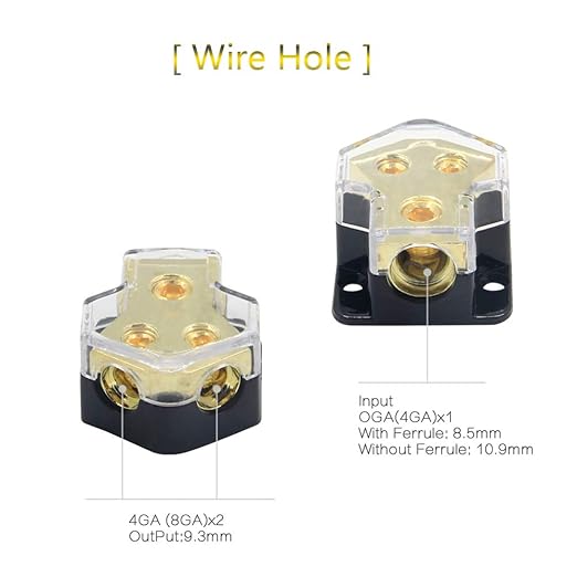 RKURCK 2 Way Power Distribution Block, 0/2/4 AWG Gauge in, 4/8/10 Gauge Out, Car Audio Stereo Amp Distribution Connecting Block for Audio Splitter (2Way)