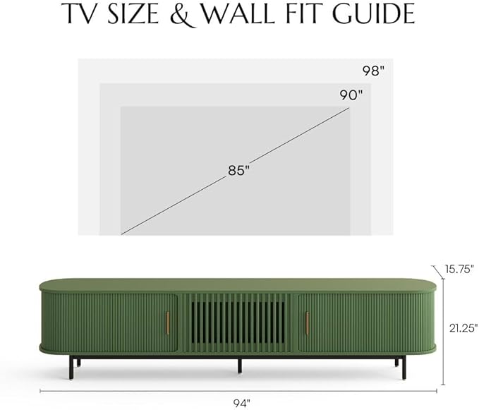 POVISON Fully-Assembled Modern Green TV Stand with Tambour Doors, Fluted TV Media Console for 85 Inch TVs, Sliding Door Entertainment Center with Storage for Living Room (Green, 94.49")