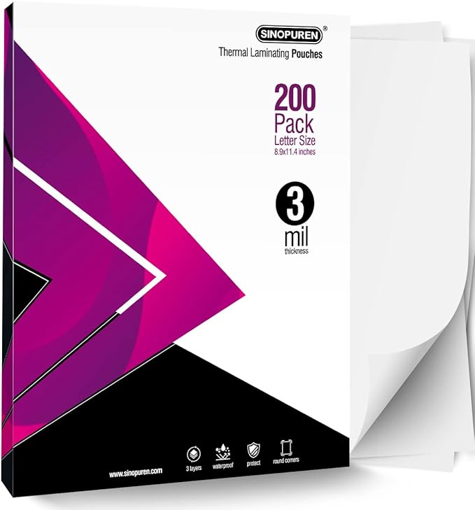 SINOPUREN Thermal Laminating Pouches, 3mil Laminating Sheets, 8.9x11.4 Inches, Letter Size, HeatSeal, Clear (200pack)