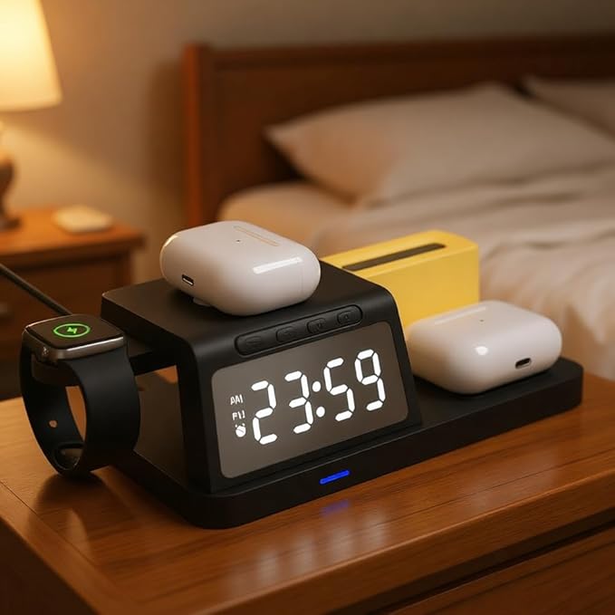 IHAO 6in1Digital Alarm Clock with Wireless Charging Station Night Light 15W Fast Charging for Qi Phone Headphone Bracket for iWatch LED Display Dimmable Brightness-HT309 White