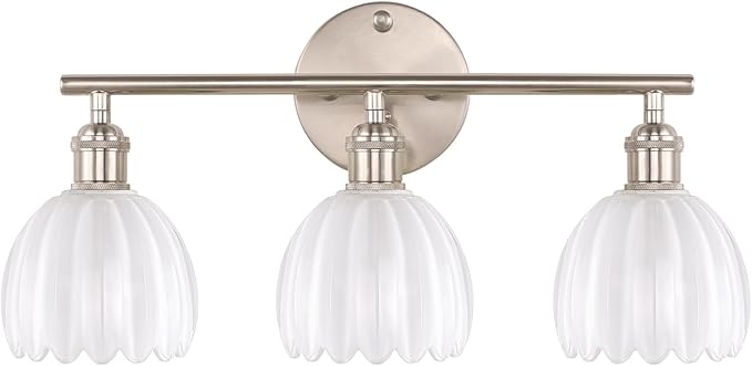 Shenmoyl Bathroom Light Fixtures, 3-Light Vanity Wall Light Over Mirror with White Tulip Glass Shade for Bedroom Living Room (Bulb Not Included), Satin Nickel