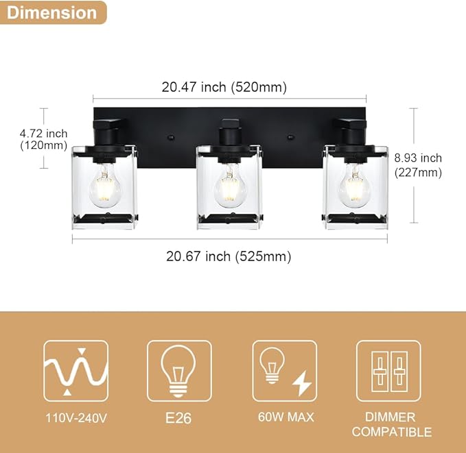 WINSHEN 3-Light Black Bathroom Light Fixture Over Mirror, Vanity Wall Lighting with Rectangular Clear Glass, E26 Bulb Base