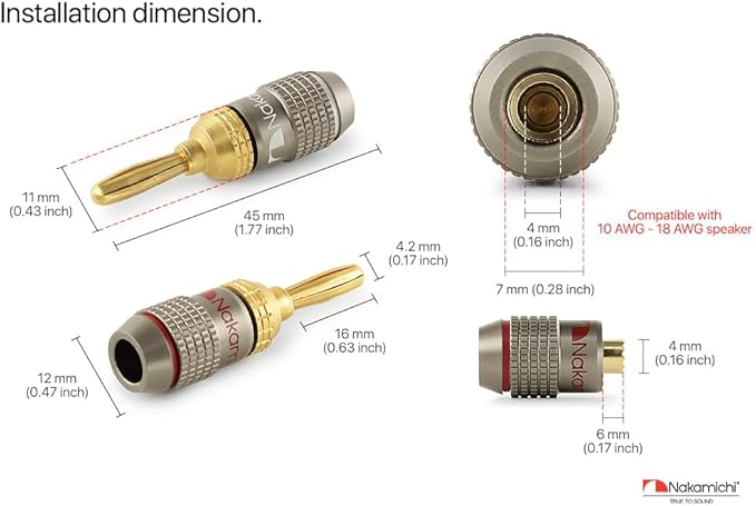 Nakamichi FanLock Excel Series 24k Gold Plated Banana Plugs 10 AWG - 18 AWG Gauge Size 4mm for Speakers Amplifier Hi-Fi Stereo Home Theatre Radio Audio Wire Cable Quick Connector, 12 Pcs (6-Pairs)
