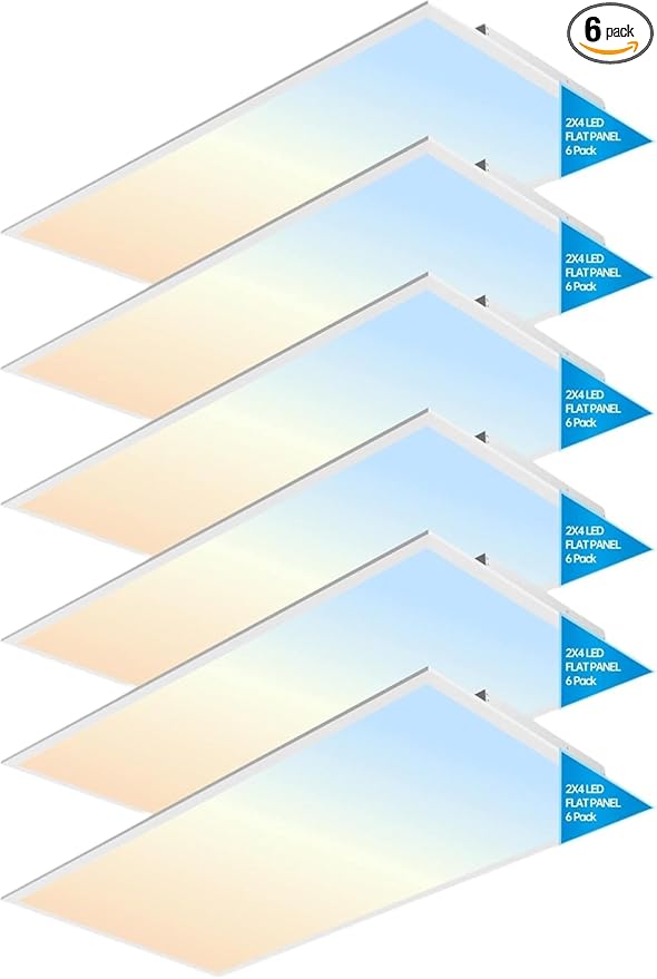 2x4 FT LED Light Flat Panel, 40-72W, 5 CCT 3K | 3.5k | 4K | 5K | 6.5K, Dimmable Recessed Drop Ceiling Lights 3750/5000/6250/7500/9000 Lumens, Lay in Fixture for Commercial, 120-277V, UL DLC(6 Pack)