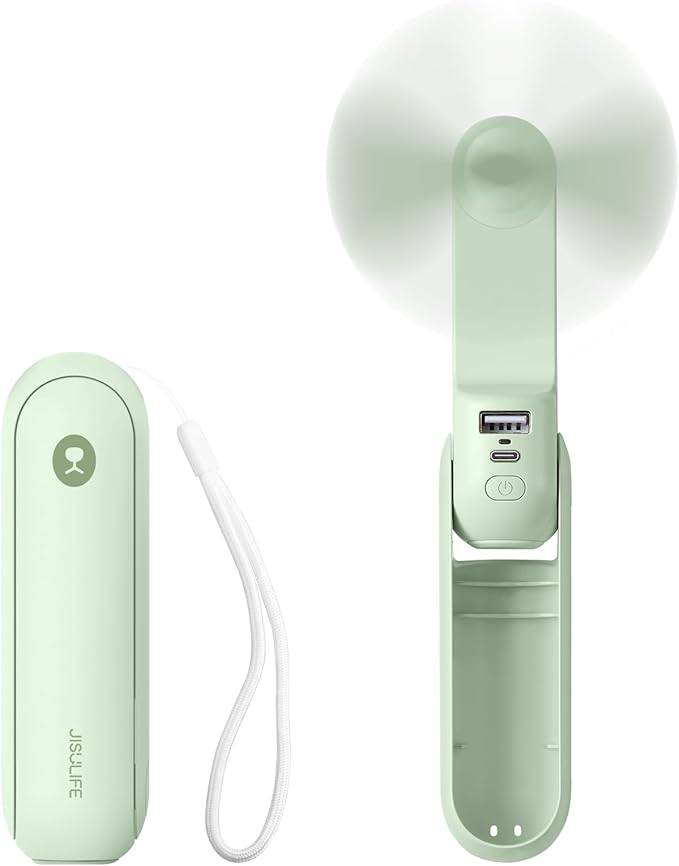 JISULIFE Portable Handheld Fan, Mini 3 In 1 with Rechargeable Battery, Personal Pocket Fan for Travel, Outdoor, USB Power Bank, Flashlight, Essential Ideal Gifts for Summer/Concert/Vacation - Green