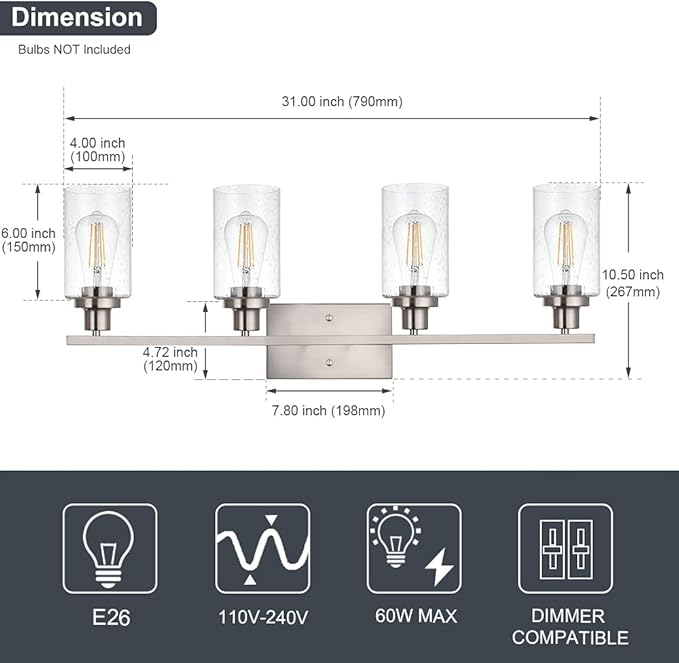 WINSHEN 4-Lights Modern Vanity Light Fixtures for Bathroom Over Mirror, Farmhouse 31-Inches Length Seeded Glass Bath Wall Sconce Lighting in Brushed Nickel