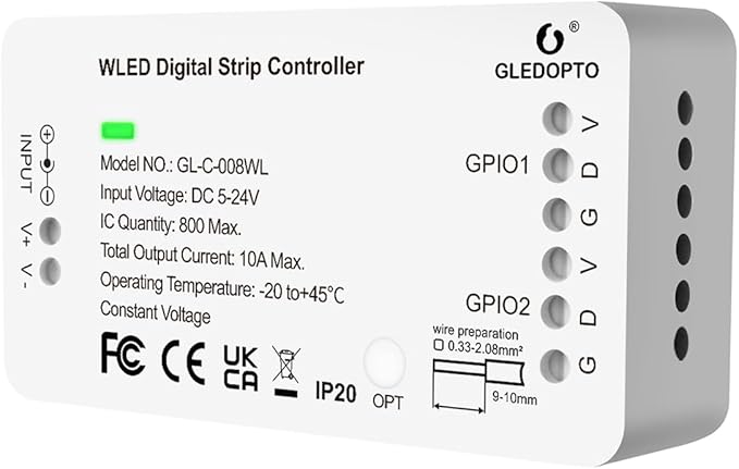 GLEDOPTO WLED Pre-Installed ESP8266 LED Strip Controller Over 100 Dynamic Lighting DIY WiFi APP Control 800 IC RGB IC for WS2812B WS2811 SK6812 TM1814 WS2813 WS2815 Addressable FCOB LED Light Strip