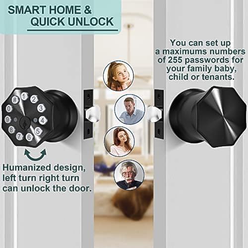 Black Door Knobs with Digital Keypad Lock, Electronic Door Lock with Handle for Home, Bedroom, Apartment, Garage, Office