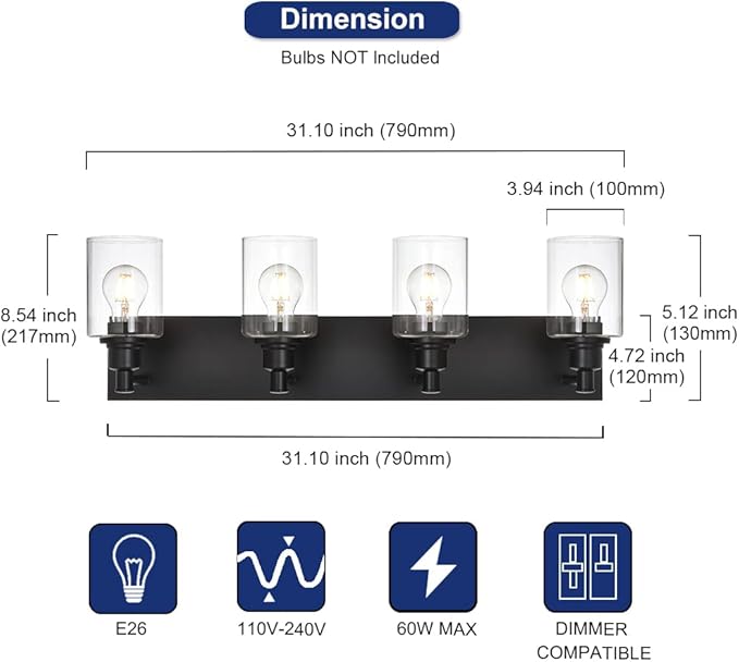 TODOLUZ 4-Lights Bathroom Vanity Light Fixtures, Black Modern Wall Lighting Over Mirror with Clear Glass Shade (E26 Bulb Base)