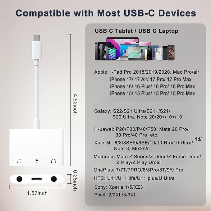INVERSE NET Headphone Adapter for iPad, Headphone Splitter for 2 Headphones,3 in 1 USB C to 3.5mm Jack Audio Adapter with 60W Fast Charging Compatible with S24/23 Ultra.