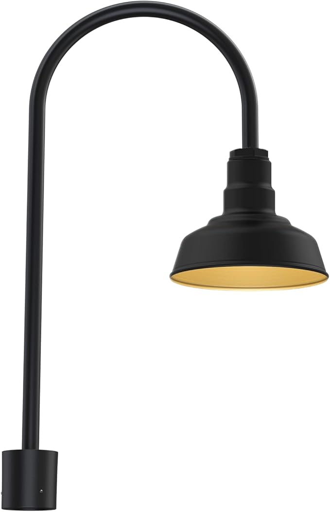 Steel Lighting Co. Hawthorne Light | Outdoor Pole Top Mounted | 8" Dome | Upslope Gooseneck with Slip Fitter for 2-3/8" Standard Poles | Made in America | Matte Black Exterior/Brass Interior