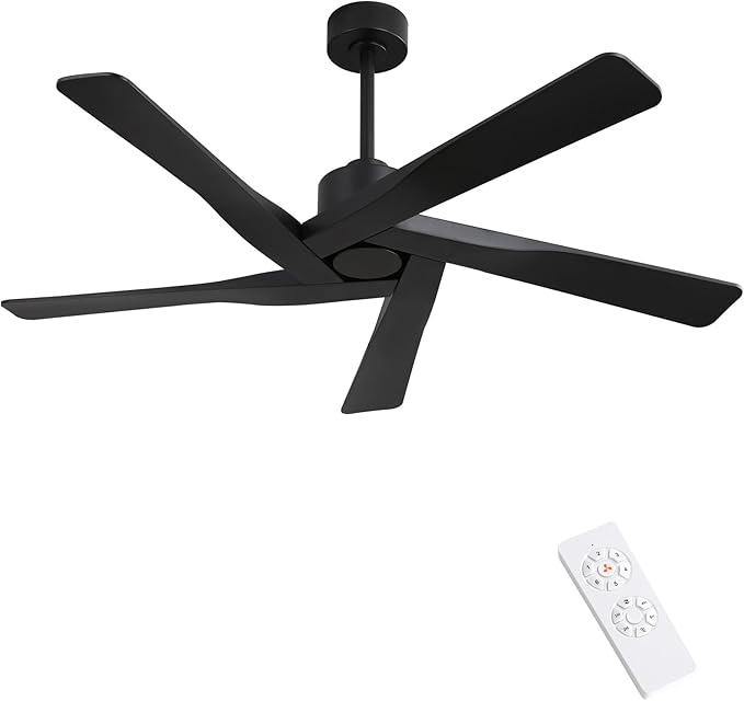 WINGBO 64" ABS DC Ceiling Fan No Light, 5 Blade ABS Plastic Ceiling Fan with Remote, 6-Speed Reversible DC Motor, Ceiling Fans without Light for Kitchen Bedroom Living Room, Matte Black
