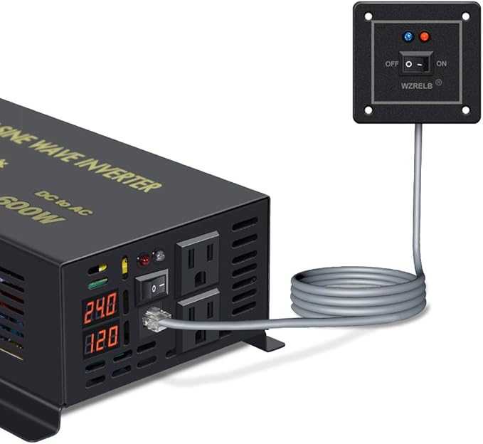 WZRELB 600W 24V 120V Pure Sine Wave Power Inverter with 2 AC Outlets Wired Remote Control (RBP-60024WR)